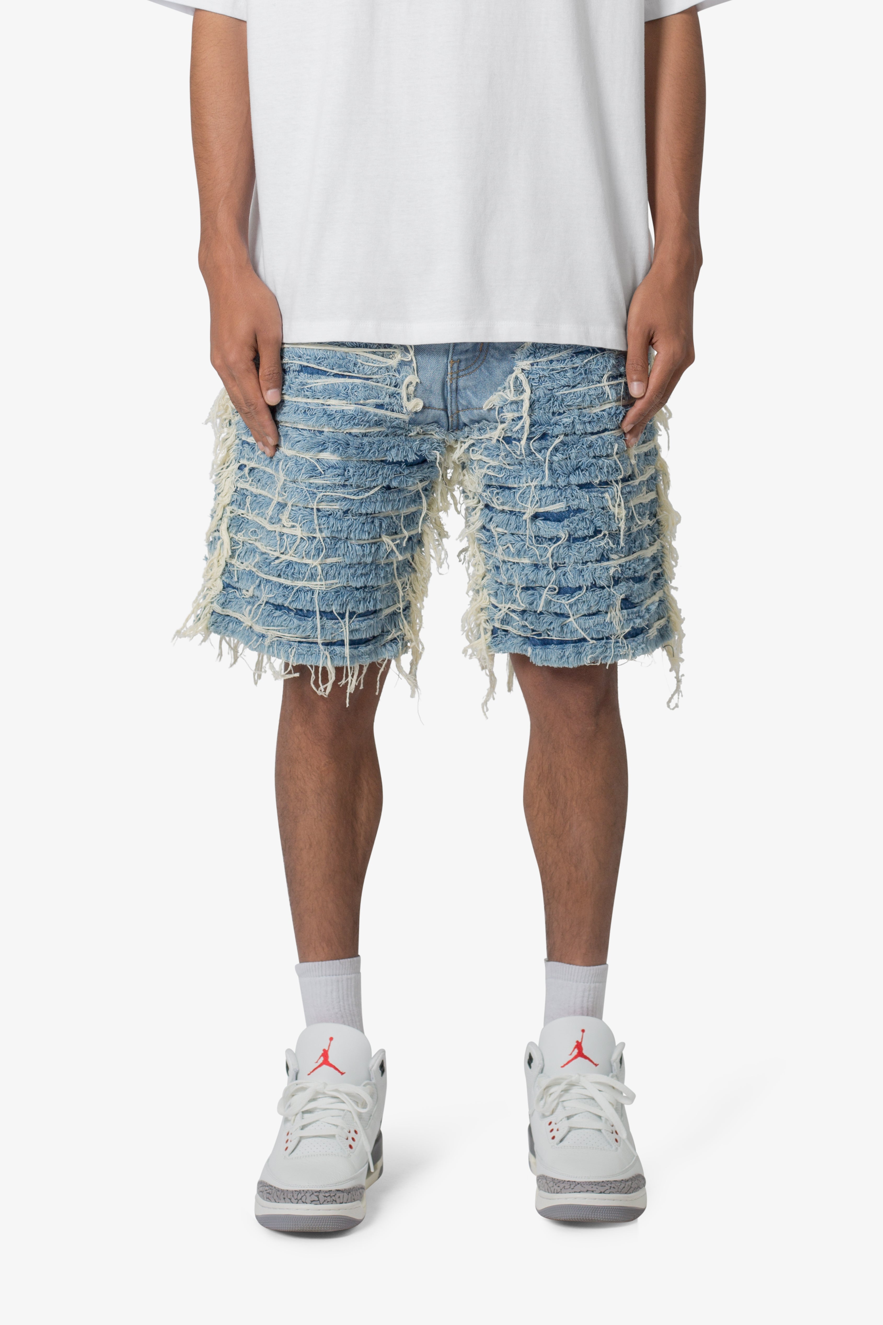 Allover Frayed Denim Shorts - Blue