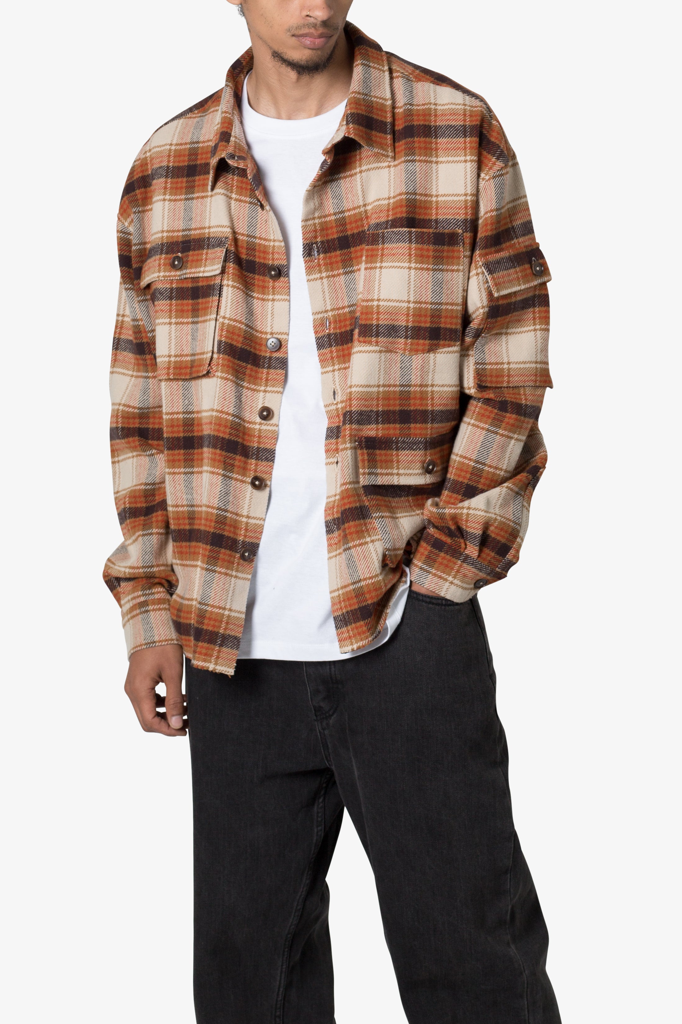 Asymmetrical Pocket Flannel Shirt - Brown