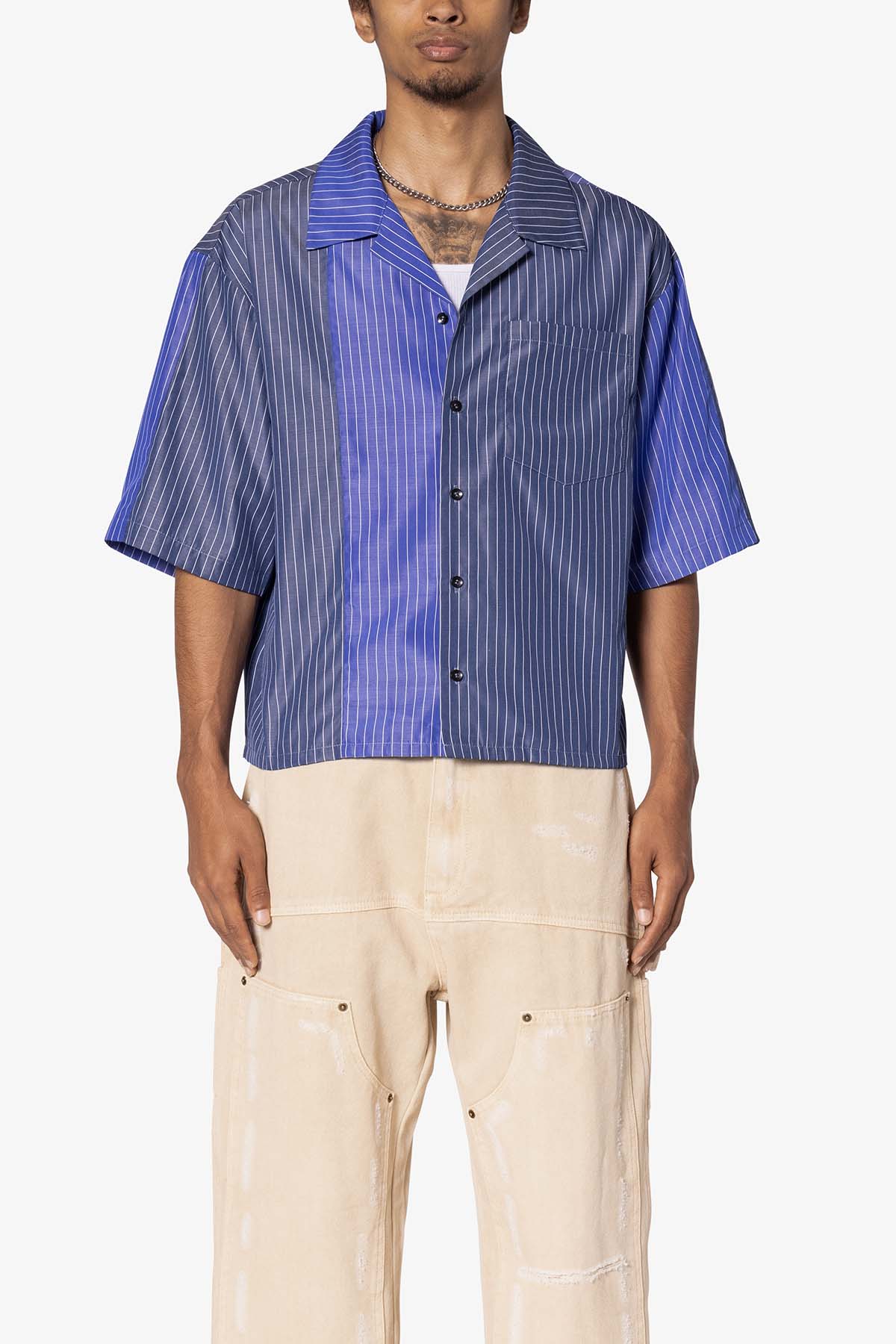 Cropped Panel Stripe Short Sleeve Shirt - Blue