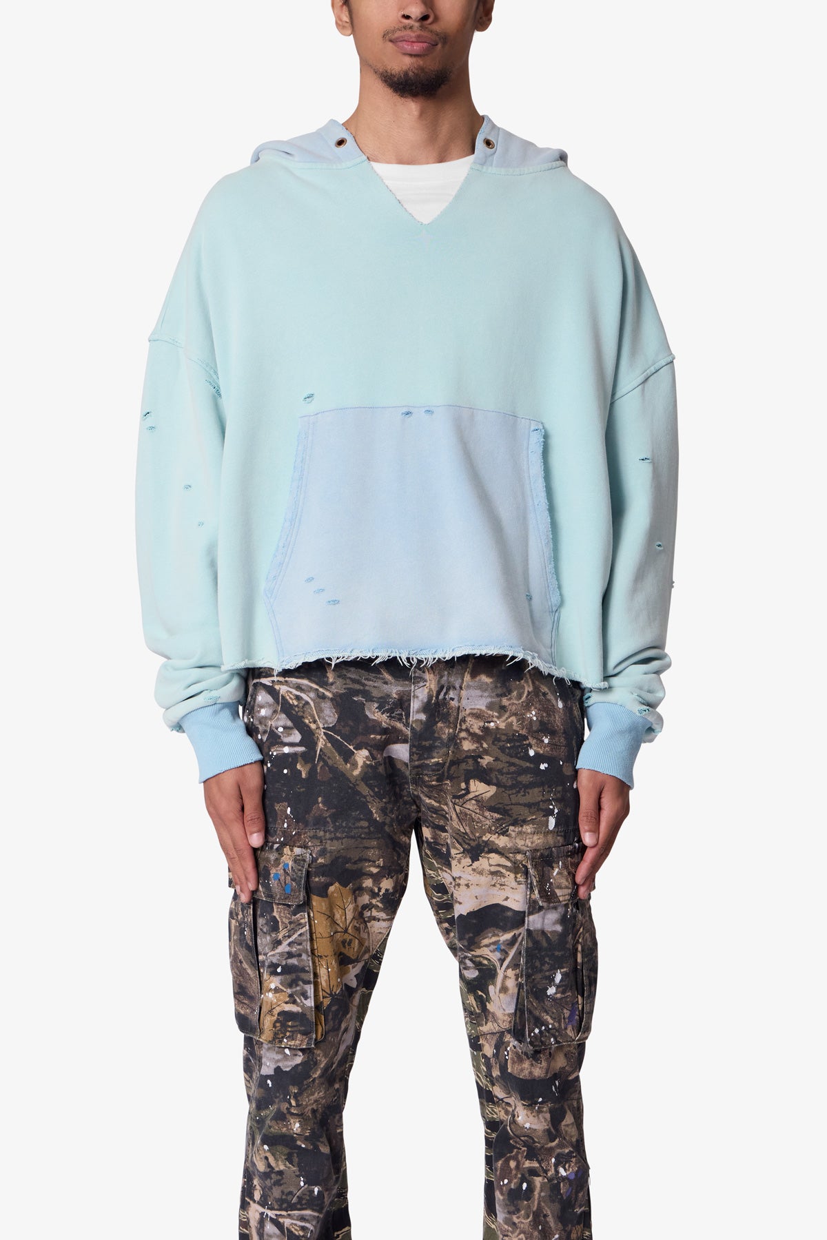 Destroyed V Neck Hoodie - Light Blue