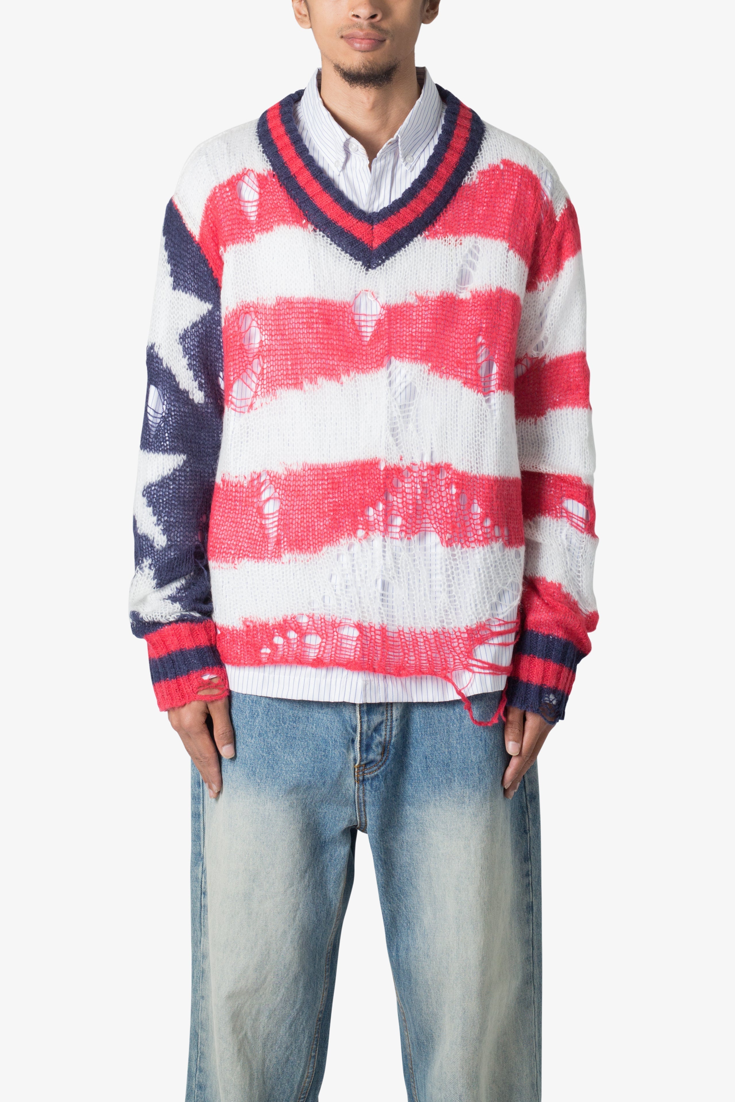 Flag Loose Knitted Sweater - Red/Blue