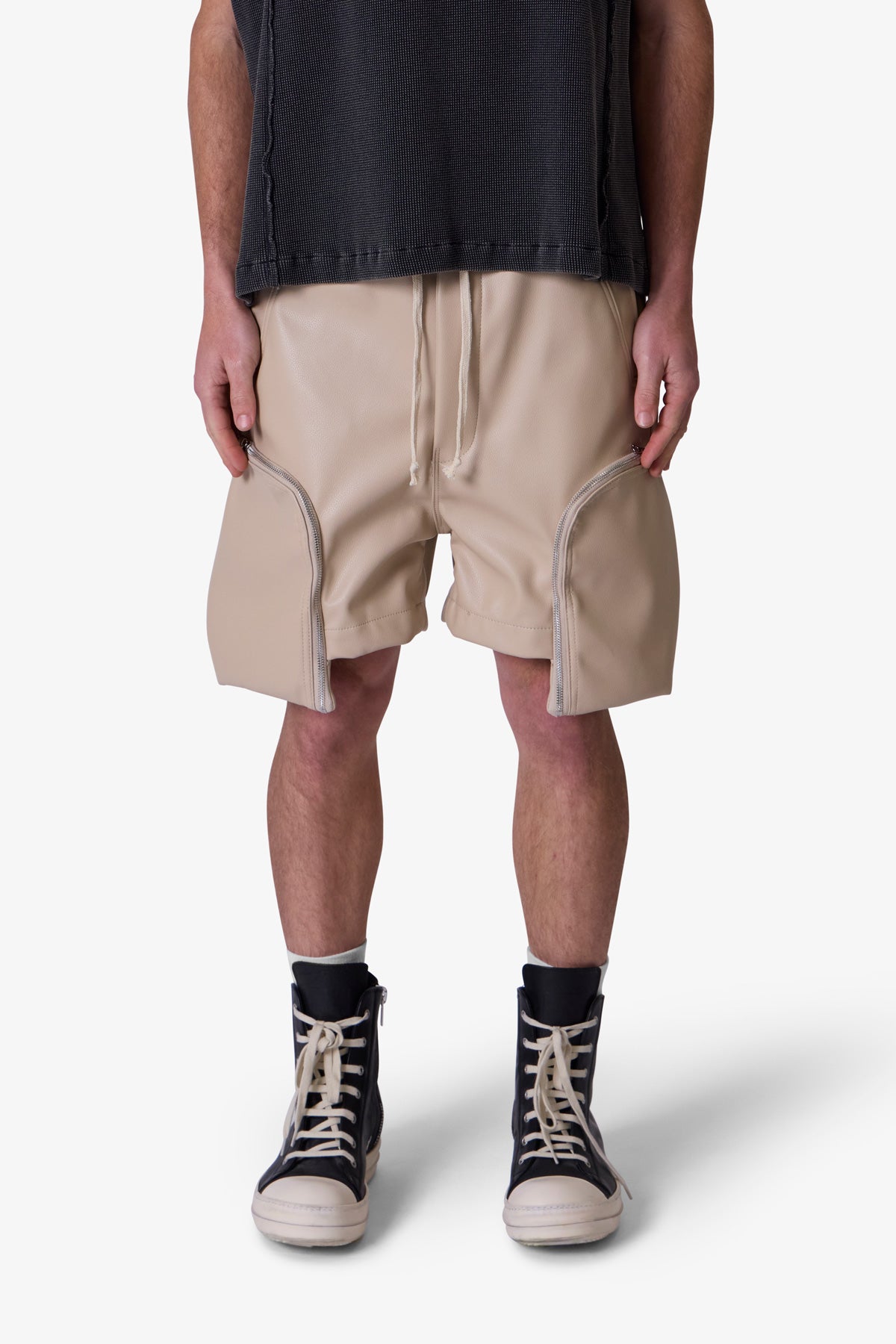 Leather Pocket Geo Shorts - Tan