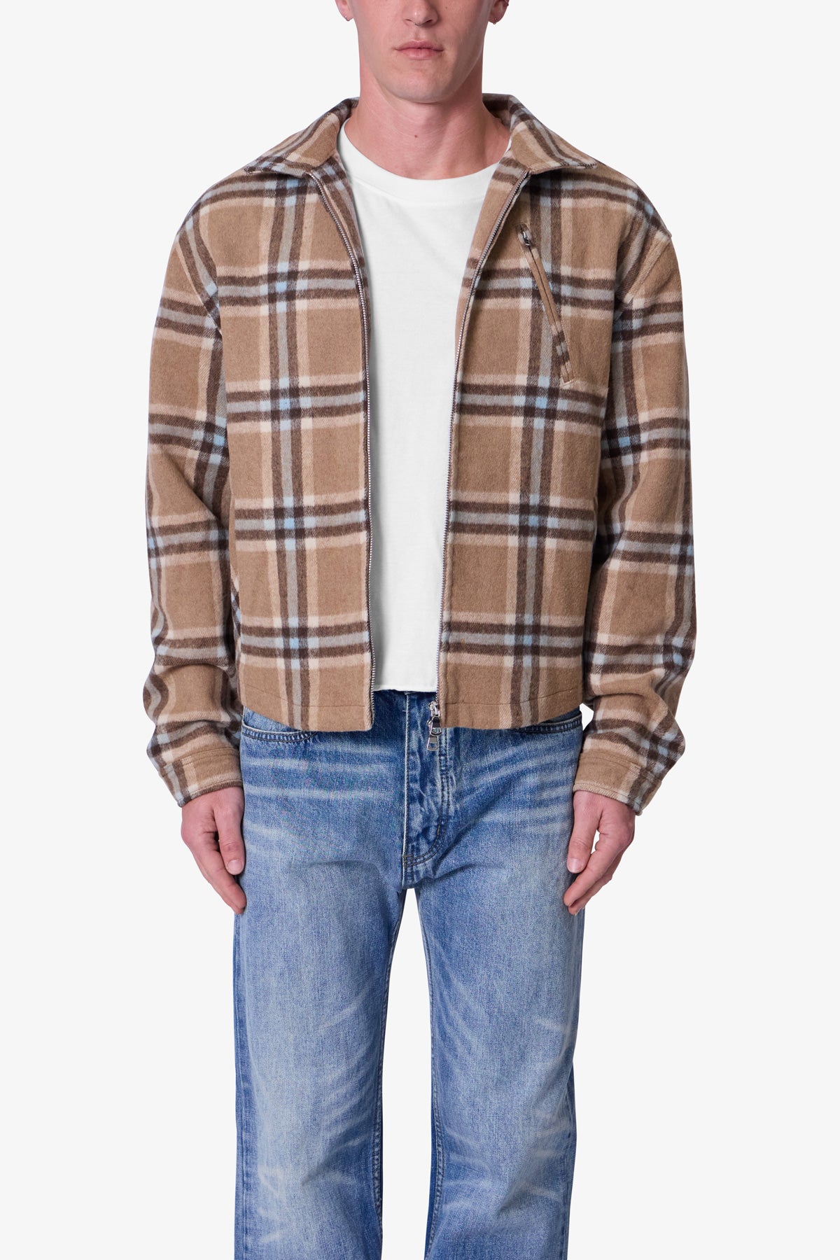 Plaid Flannel Front Zip Jacket - Brown/Cream