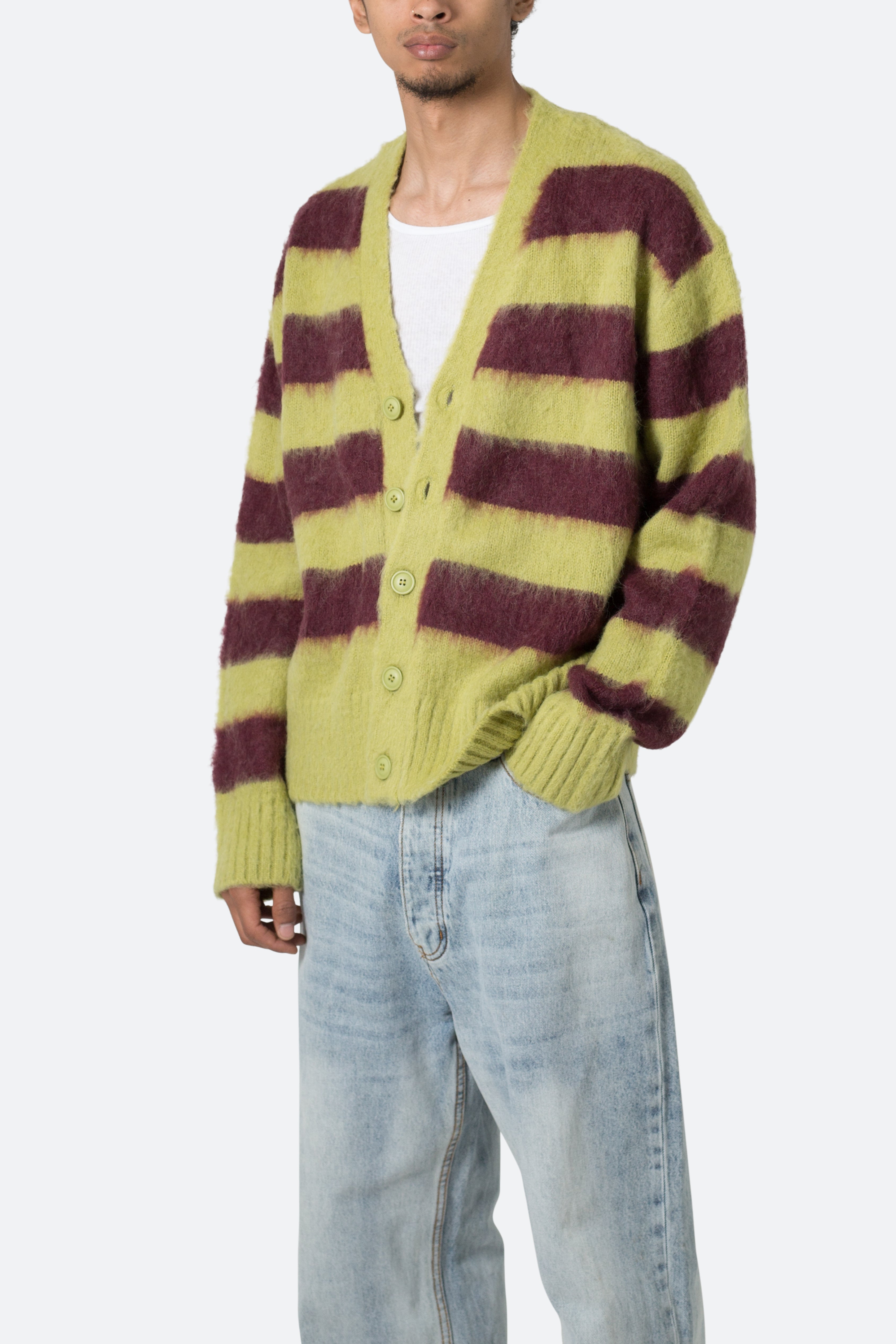 Striped Mohair Cardigan Sweater - Green/Brown